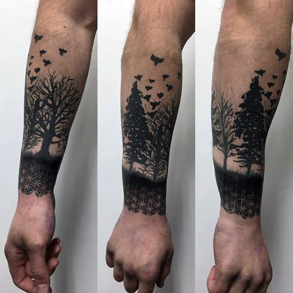 Forest Trees Flower Of Life Mens Lower Forearm Sleeve Tattoo Ideas
