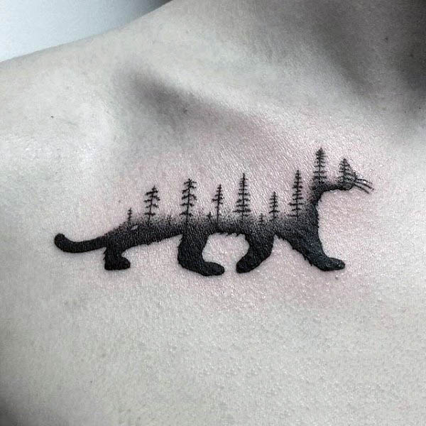 Fox Silhouette Mens Tree Chest Tattoo