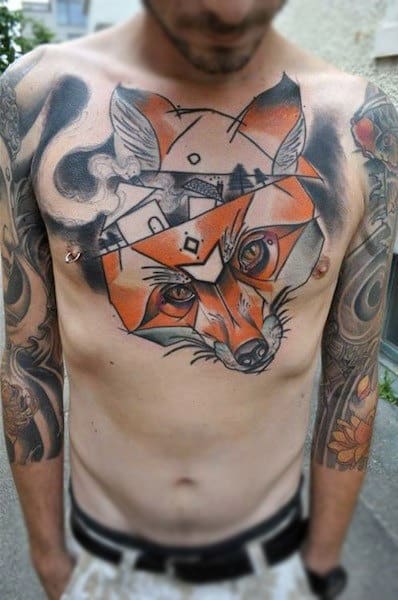Fox With A Broken Head Tattoo Mens Chest