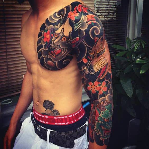 Fox With Demon Mask And Clouds Japanese Sleeve And Chest Tattoos For Guys