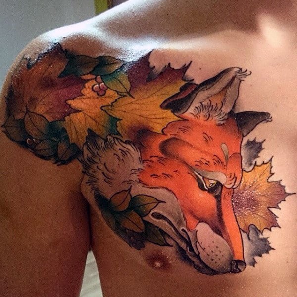 fox-with-maple-leaf-mens-upper-chest-tattoos