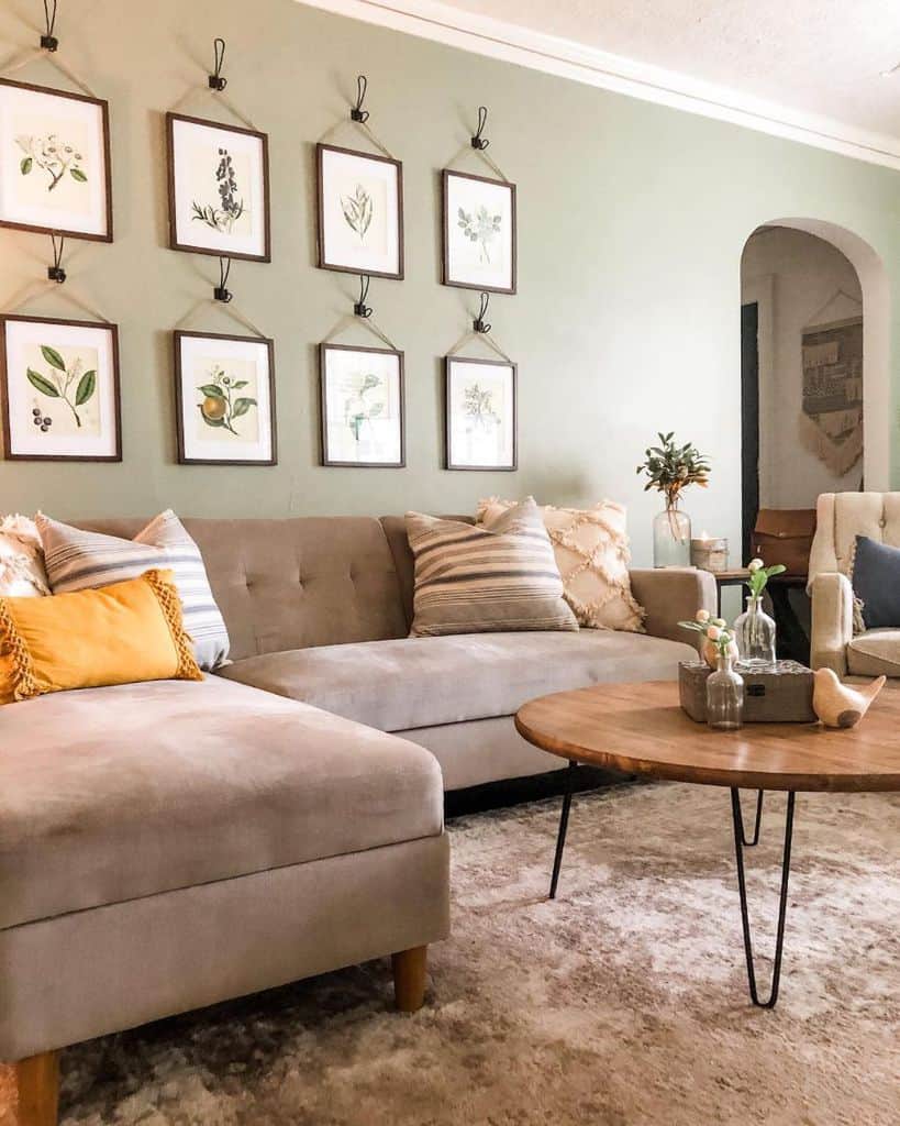 framed pictures of plants in living room with gray sofa 