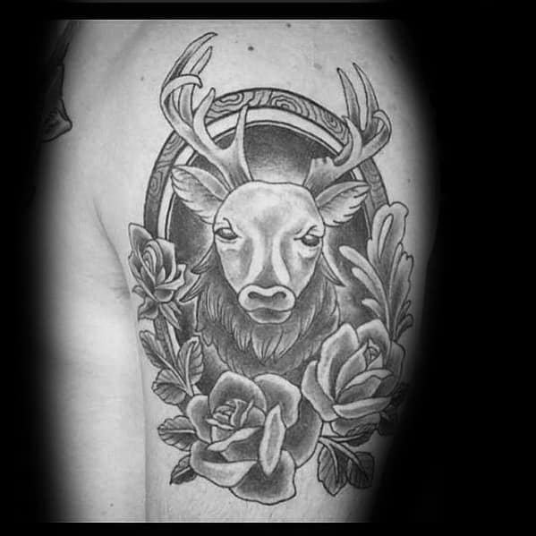 Framed Traditional Deer With Roses Mens Upper Arm Tattoo