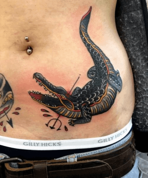 Freaky Alligator Tattoo For Men On Rib Cage Side
