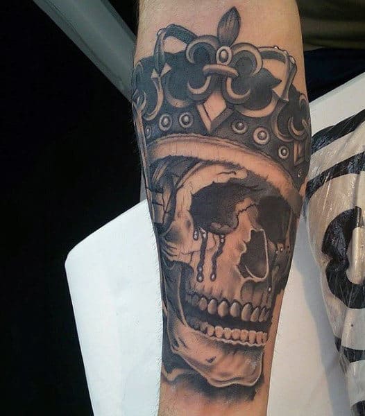 Freaky Crying Skull With Crown Tattoo On Calves For Men