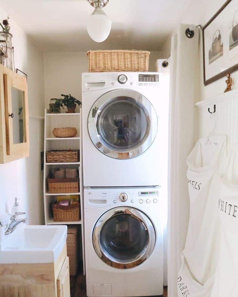 stacked washer and dryer laundry room 