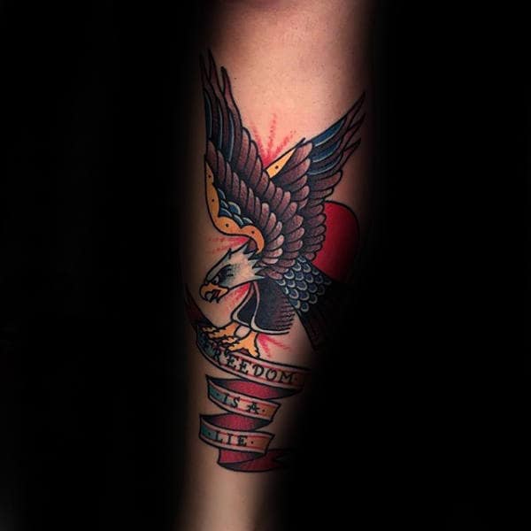 Freedom Banner Traditional Eagle Male Leg Tattoo Design Ideas