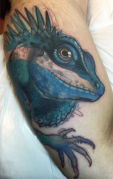 Friendly Blue Lizard Tattoo Male Forearm