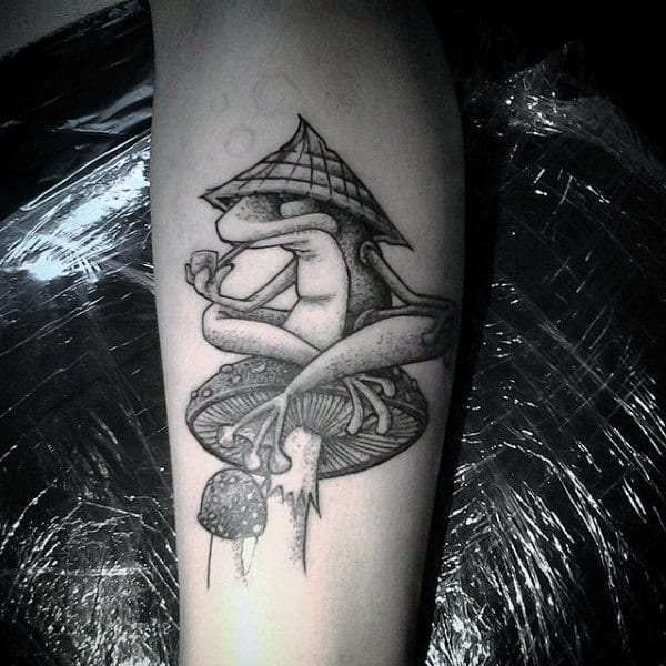 Frog Sitting On Mushroom Mens Forearm Tattoo