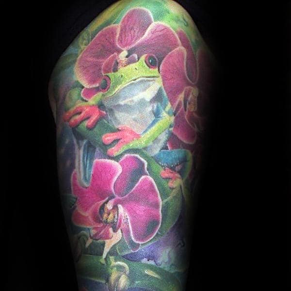 Frog With Orchid Flowers Mens Half Sleeve Tattoos