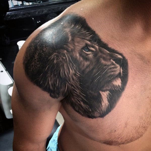 Front Shoulder Guys Realistic Lion Tattoos