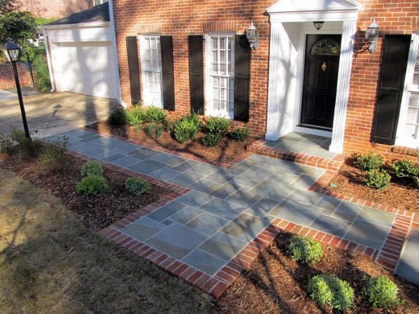 Front Yard Home Brick Border With Flagstone Walkway Ideas
