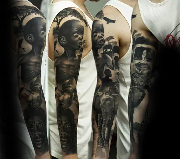 Full Arm Africa Themd Guys Black And Grey Sleeve Tattoo Designs