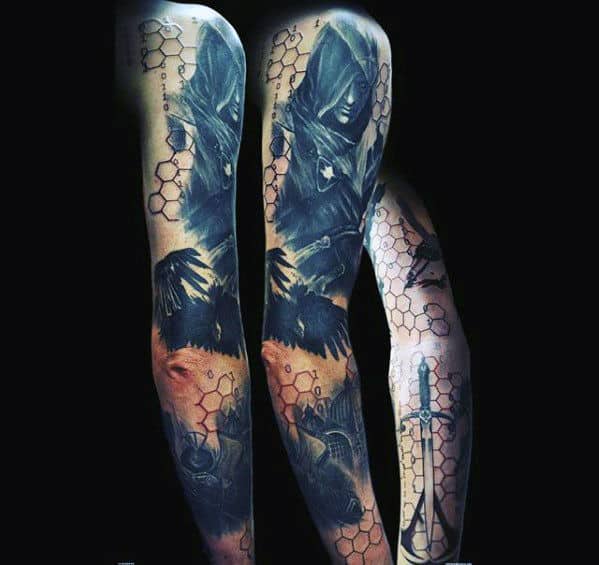 Full Arm Asbstract Assassins Creed Themed Mens Tattoo Sleeve