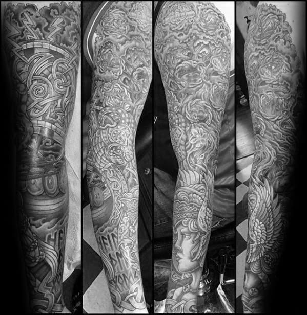 Full Arm Black And Grey Sleeve Valkyrie Tattoo Norse Design Ideas For Males
