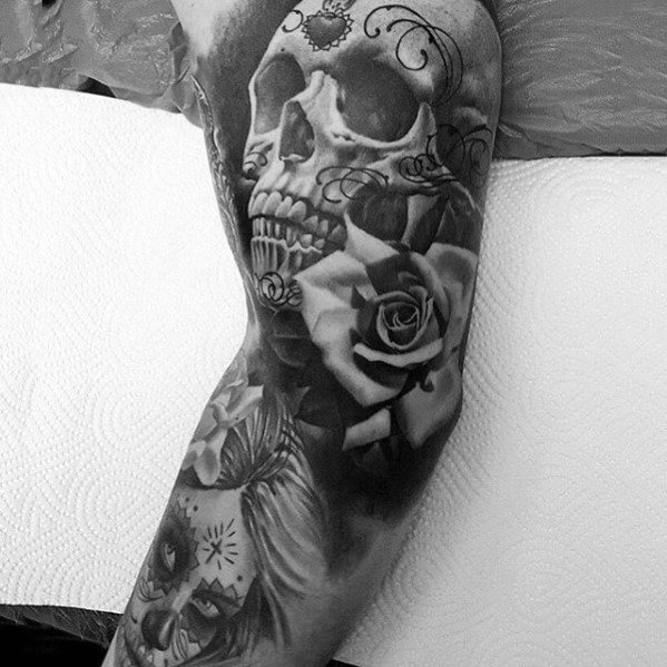 Full Arm Day Of The Dead Themed Guys Realistic Skull Tattoos