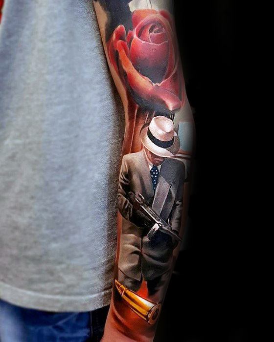 Full Arm Gangster Themed 3d Great Guys Tattoo Designs