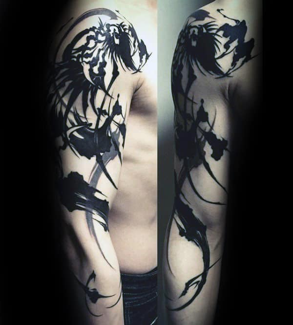 Full Arm Guys Dragon Brush Stroke Black Ink Tattoo Ideas