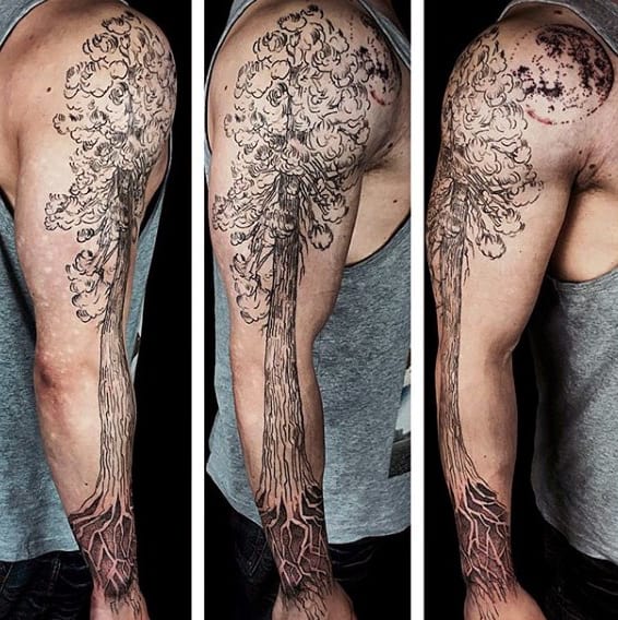 Full Arm Guys Tree Roots Tattoo Designs