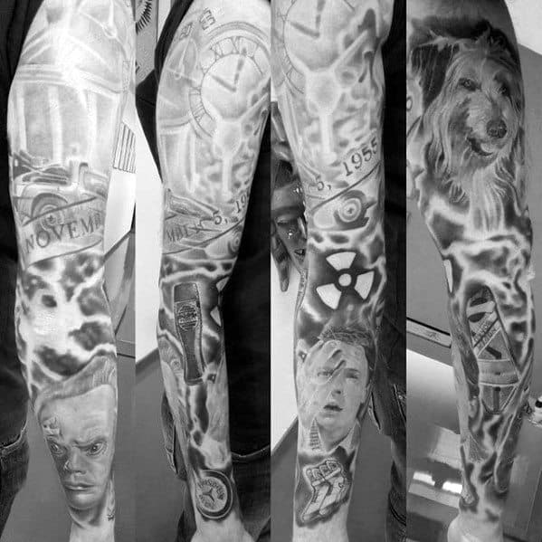 Full Arm Heavily Shaded Back To The Future Themed Sleeve Tattoos For Guys