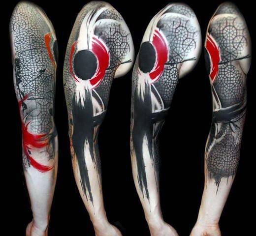 Full Arm Mens Red And Black Tattoo Design Ideas