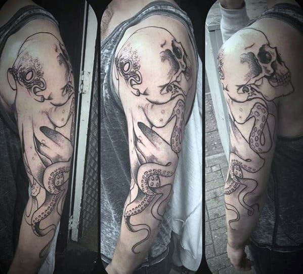 Full Arm Octopus Skull Mens Tattoos