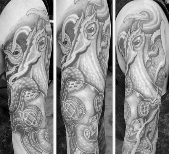 Full Arm Shaded Grey Squid Diving Helmet Male Tattoos