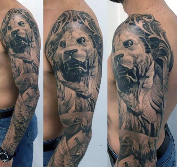 Full Arm Sleeve 3d Realistic Masculine Lion Statue Tattoos For Men