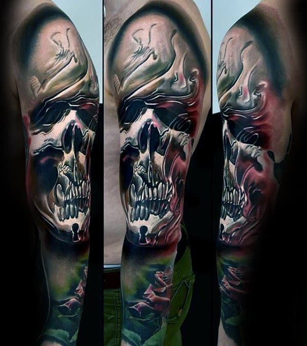 Full Arm Sleeve 3d Skull Surrealism Tattoos Men