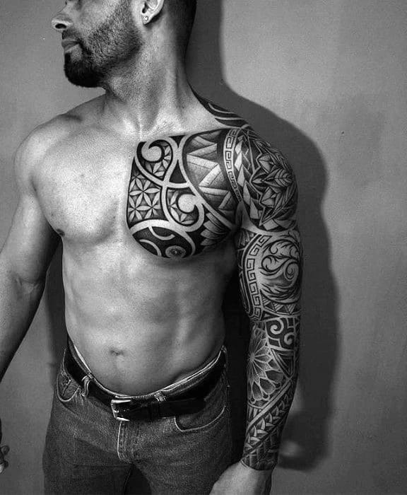 Full Arm Sleeve And Chest Sick Tribal Hawaiian Male Tattoo Ideas