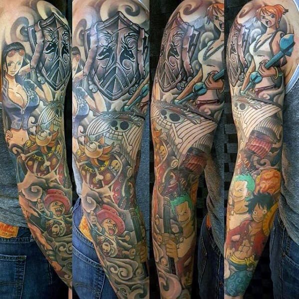 Full Arm Sleeve Colorful Anime Male Tattoo Ideas