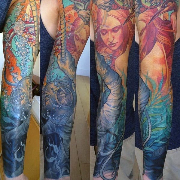 Full Arm Sleeve Colorful Diver Guys Tattoo Designs