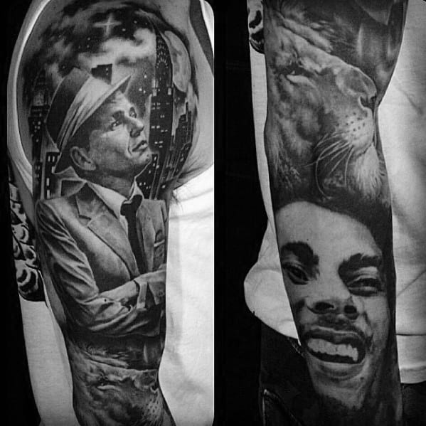 Full Arm Sleeve Cool Male Frank Sinatra Themed Tattoo Designs
