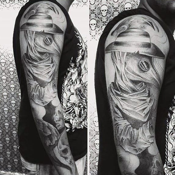 Full Arm Sleeve Cool Male Plague Doctor Tattoo Designs