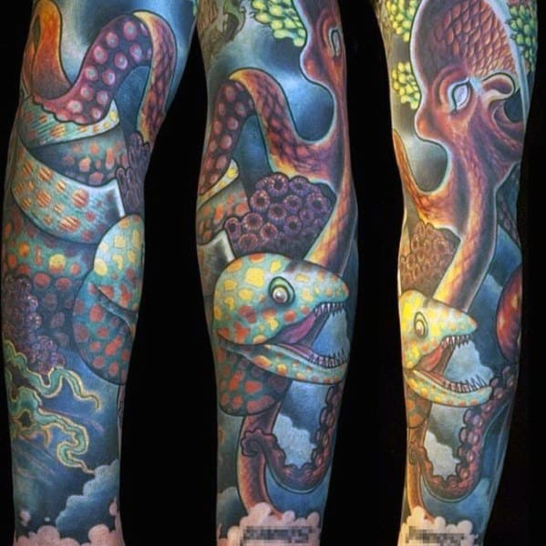 Full Arm Sleeve Cool Male Underwater Octopus With Eel Tattoo Designs