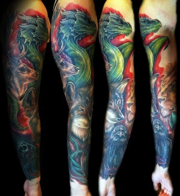 Full Arm Sleeve Dragon Game Of Thrones Male Tattoo