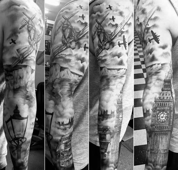 Full Arm Sleeve Guys Big Ben Tattoo Designs