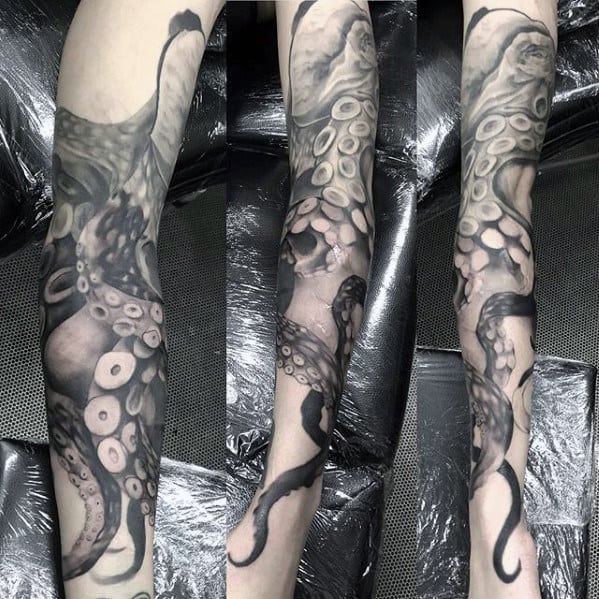 Full Arm Sleeve Guys Octopus Tattoo With Shaded Design