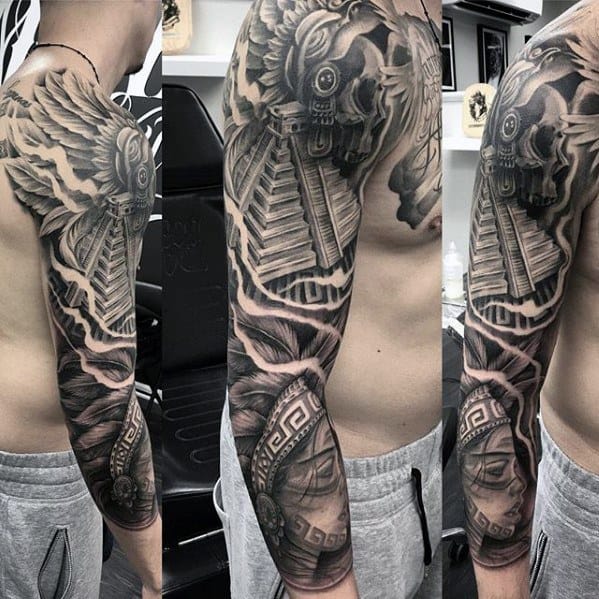 Full Arm Sleeve Guys Unique Aztec Themed Tattoo Ideas