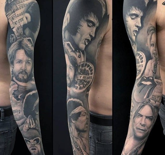 Full Arm Sleeve Male Jimi Hendrix Themed Tattoo Ideas