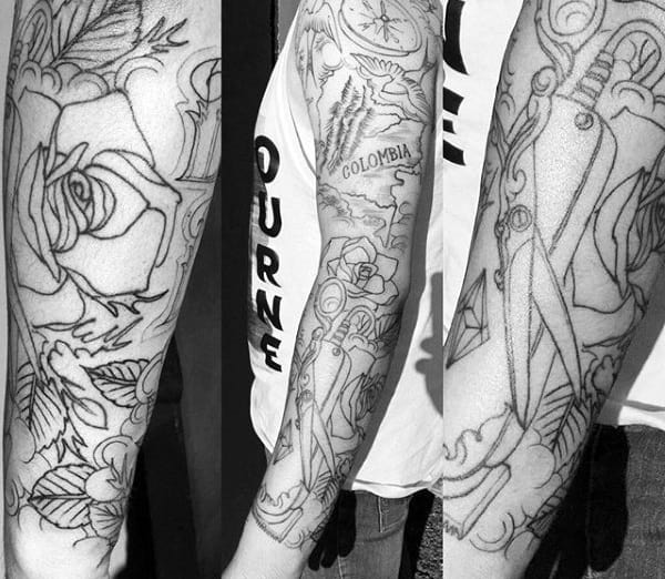 Full Arm Sleeve Mens Barber Themed Scissor Tattoo
