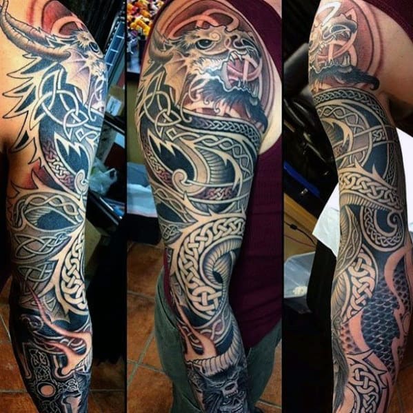 Full Arm Sleeve Mens Celtic Dragon Tattoo Ideas