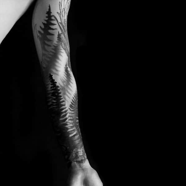 Full Arm Sleeve Mens Fern Tattoo Design Ideas With Shaded Design