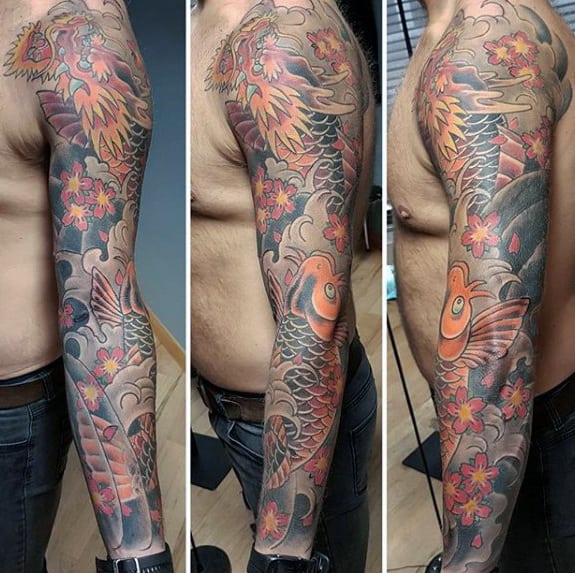 Full Arm Sleeve Mens Japanese Koi Dragon Tattoo