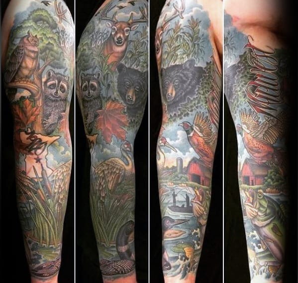 Full Arm Sleeve Nature Themed Masculine Pheasant Tattoos For Men