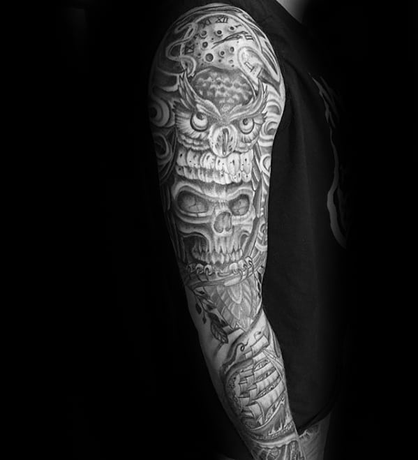 Full Arm Sleeve Owl Skull Male Shaded Tattoo Design Inspiration