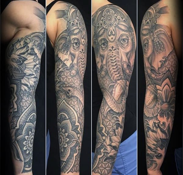 Full Arm Sleeve Pattern Male Ganesh Tattoo Ideas