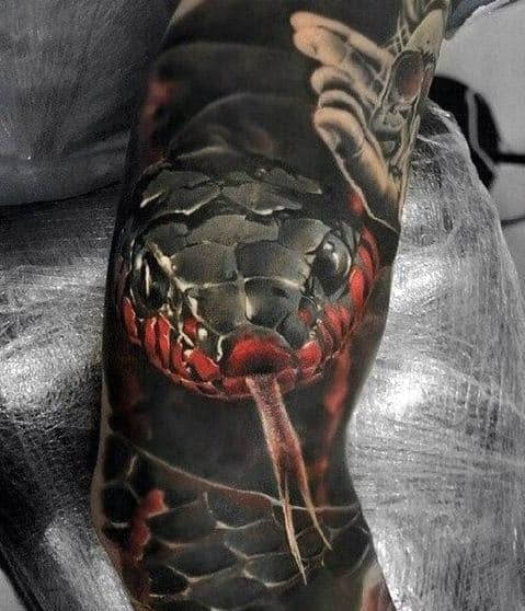 Full Arm Sleeve Red And Black 3d Snake Tattoos For Men