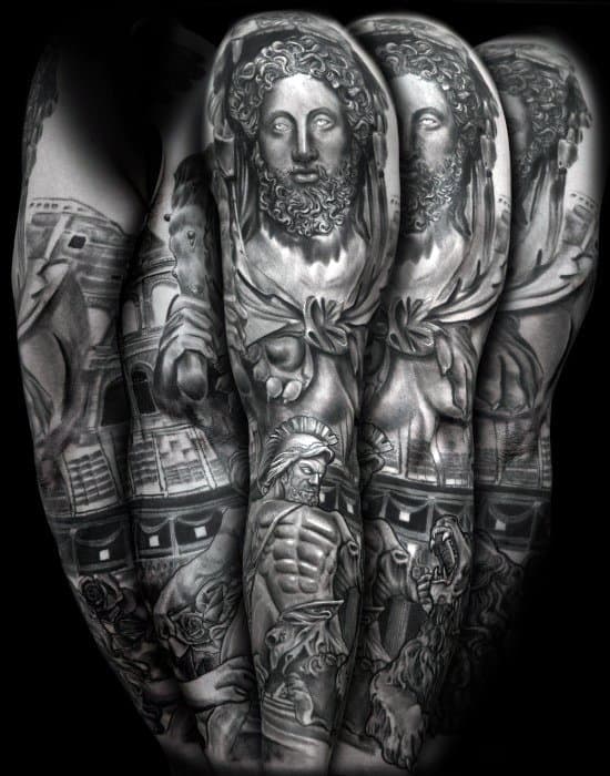 Full Arm Sleeve Roman Statue Tattoo Design Ideas For Male