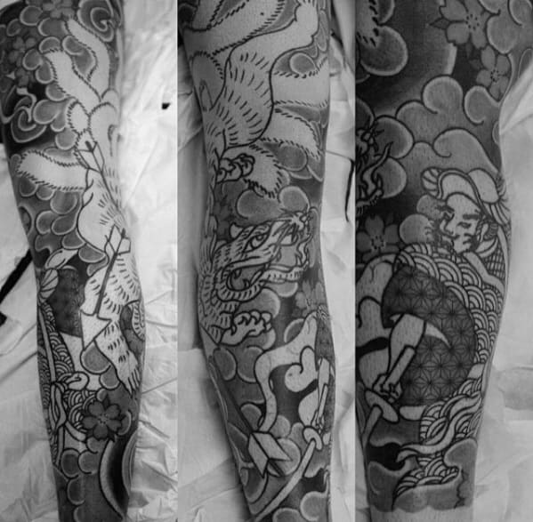 Full Arm Sleeve Shaded Black And Grey Guys Kitsune Japanese Sleeve Tattoos